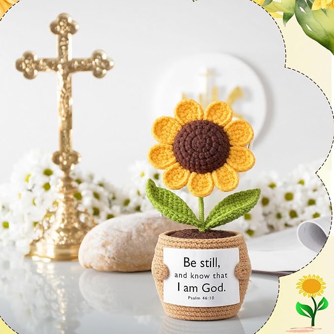Wavwavw 6 Pcs Christian Gift for Women Inspirational Religious Gifts Positive Faith Scripture Crochet Handmade Bible Verse Crochet Doll with Prayer Card for Vbs Church(Sunflowe)