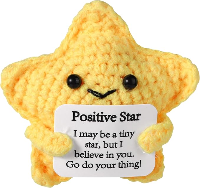 Positive Star 3 inch Handmade Knitted Wool Doll with Positive Card for Cheer Up Gifts Emotional Support Crochet Star Doll for Home Decoration