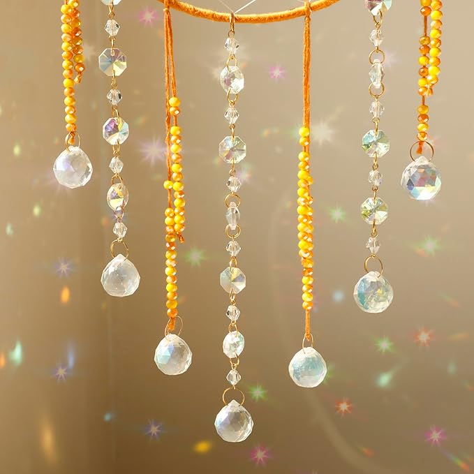Artilady Dream Catchers with Crystals - Large Boho Yellow Moon Dream Catcher Wall Decor House Decorations for Home Girls Kids Baby Bedroom Room Decor Christmas Birthday Teen Girl Boys Gifts