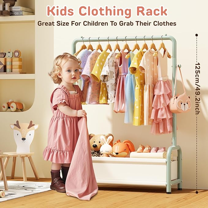 Kids Clothing Rack with Storage Shelf, Kids Dress Up Storage for Coats, Small Baby Garment Rack for Hanging Clothes, Toddler Wardrobe Closet Organizer (Classic, Green)