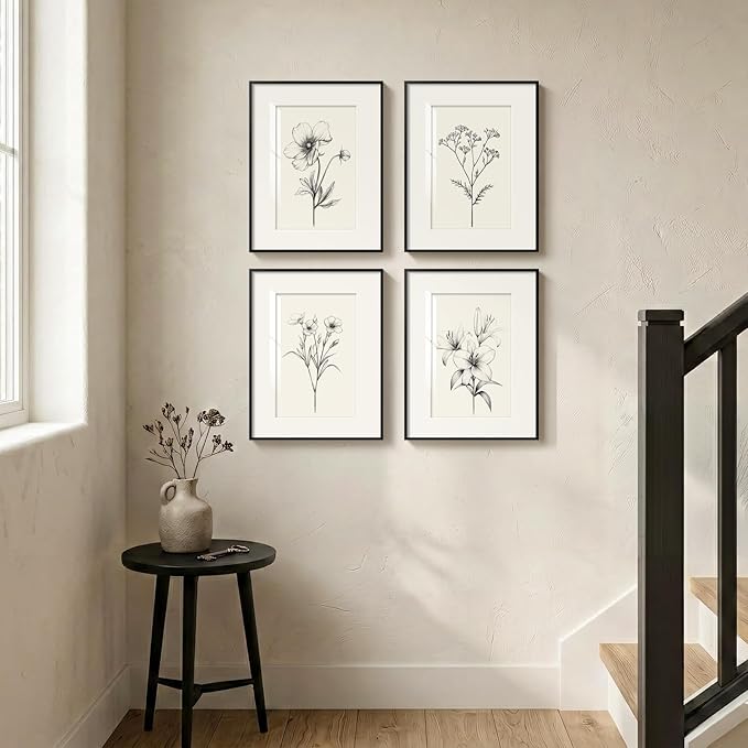 Framed Black and White Floral Wall Art Set, Vintage Minimalist Botanical Prints Artwork for Walls, Neutral Flower Pictures for Modern Farmhouse Bedroom Living Room Bathroom Wall Decor, 12x16 Inch