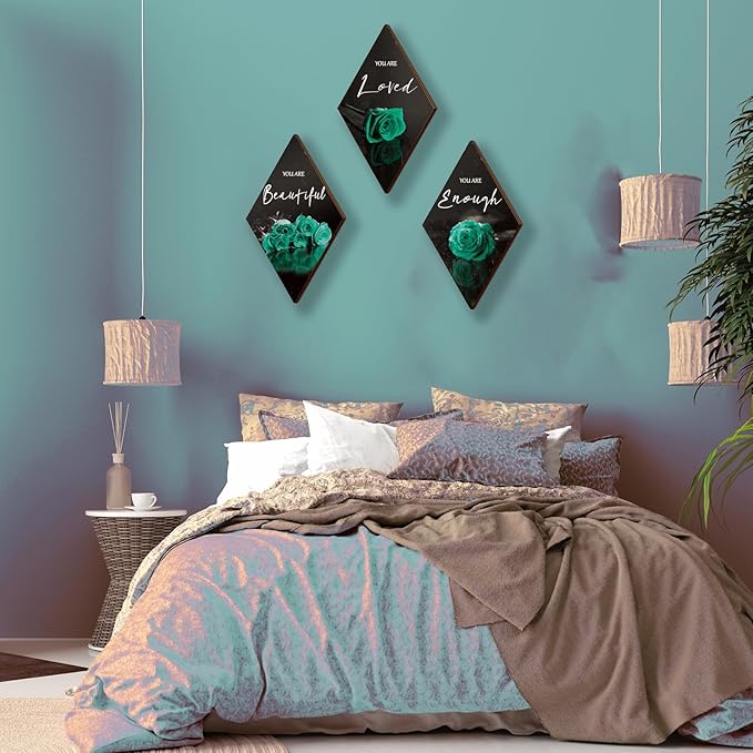 ONIZHITY 3-Piece Rose Wooden Wall Decor - Positive Quotes, You Are Beautiful, for Bedroom, Kitchen, Bathroom & Wedding (Teal, 12 x 7 inch)