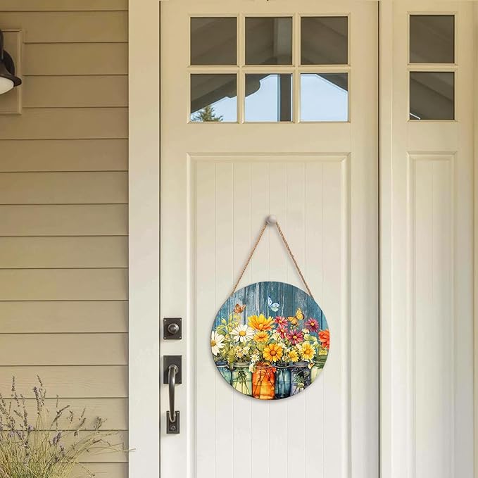Harooni Spring Summer Floral Door Sign Decor Spring Welcome Wreaths for Front Door Summer Wildflower Vase Butterfly Wood Wreath Farmhouse Front Door Hanger Sign for Indoor Outdoor Decor 12 Inch