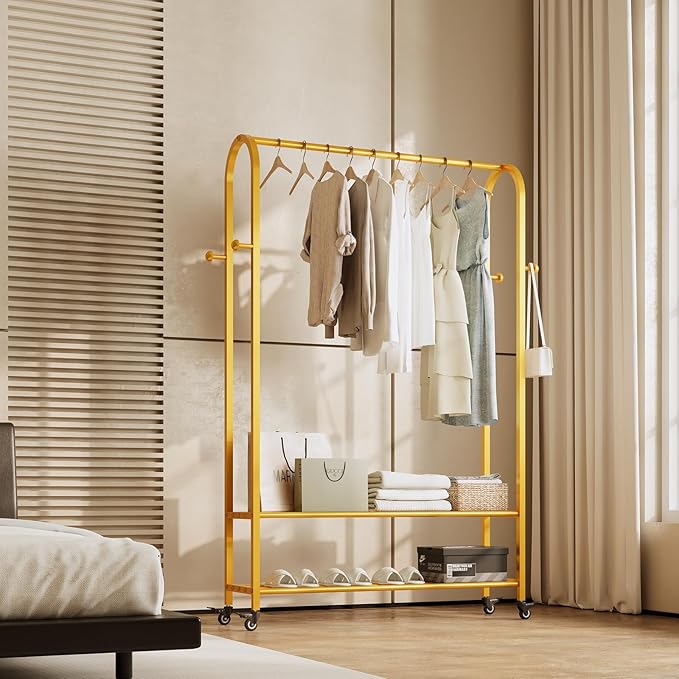 Sturdy Heavy Duty Clothes Rack With Wheels,Modern Clothing Rack With Shelves & hooks, Garment Racks for Hanging Clothes,Closet Rack for Bedroom,49.21in Wide,Clothes Storage and Display (gold)