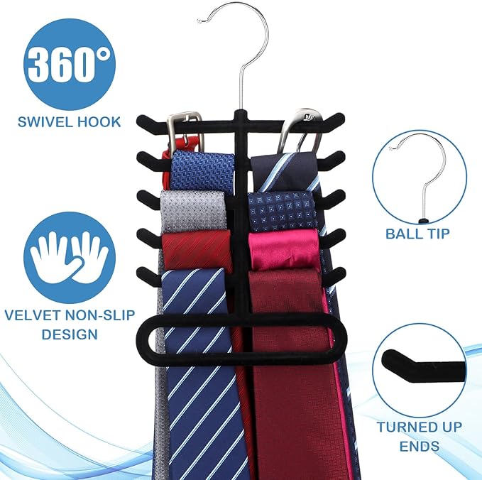 Kathfly 8 Pcs Non-Slip Velvet Tie Hanger for Closet, 360 Degree Swivel Space Saving Tie Rack Organizer for Men Bulk, Necktie Belt and Scarves Hanger for Closet, Black Flocked