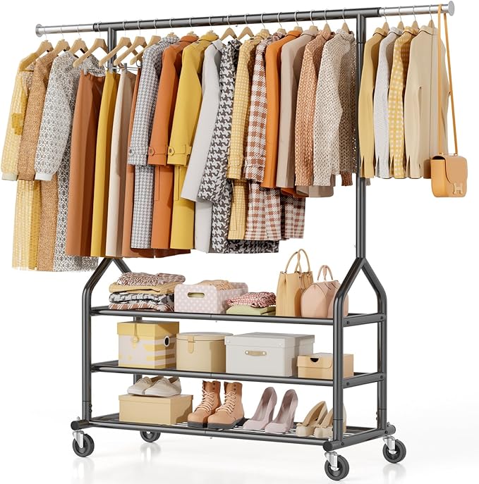 EAGMAK Heavy Duty Clothes Rack Load 556 LBS, Rolling Clothing Rack With 3 Shelves, Adjustable Metal Clothes Hanger with Wheels, Portable Wardrobe Organizer Garment Rod for Hanging Clothes (Black)