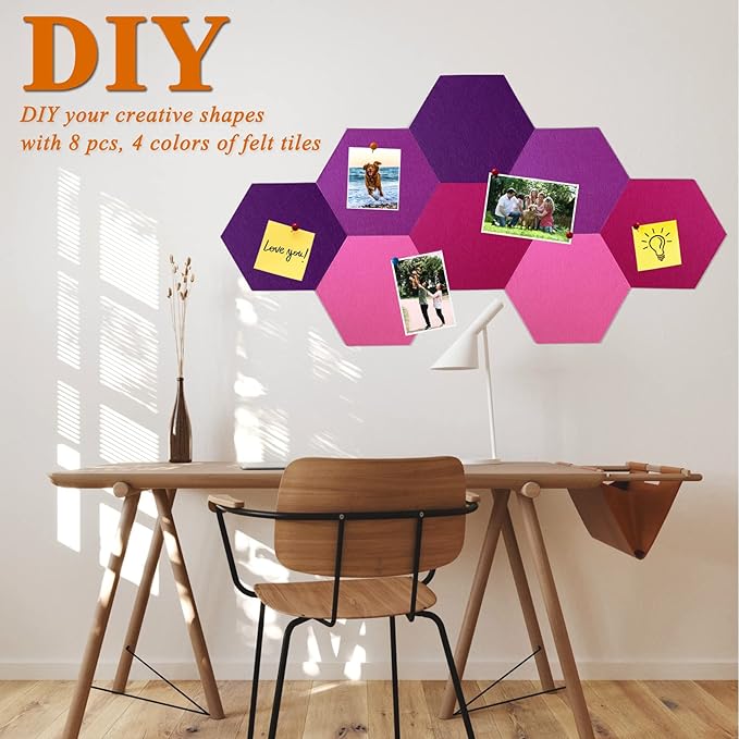 8Pcs Hexagon Felt Cork Board Tiles, Self Adhesive DIY Bulletin Board Pin Board for Office School Home Wall Decor Stickers Memos Photos Display (Gradual Purple)