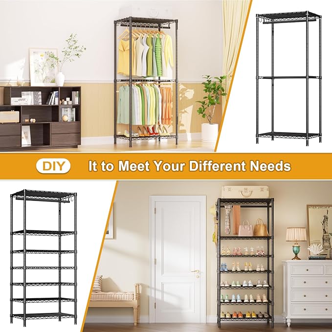 Ulif E13C Heavy Duty Closet Organizer System，Freestanding Clothing Racks for Hanging Clothes，Adjustable Garment Rack 63" W x 16" D x 77" H Hold 960 lbs，Black Clothing Rack with Black Dustproof Cover