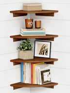 Forbena Corner Bookshelf Wall Mounted Set of 4, Wooden Floating Book Shelves for Nursery, Large Wall Shelving Unit for Living Room Bedroom Bathroom Kitchen Office Classroom Corner (Walnut Color)
