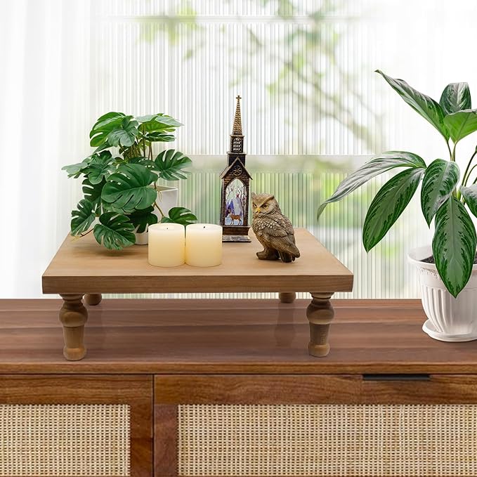 Wooden Riser Decorative Tray, Farmhouse Wood Pedestal Stand, Rustic Tray Riser Display Stand, Coffee Bar, Dining Room, Centerpiece, Kitchen, Bathroom Table Decor (Wood)