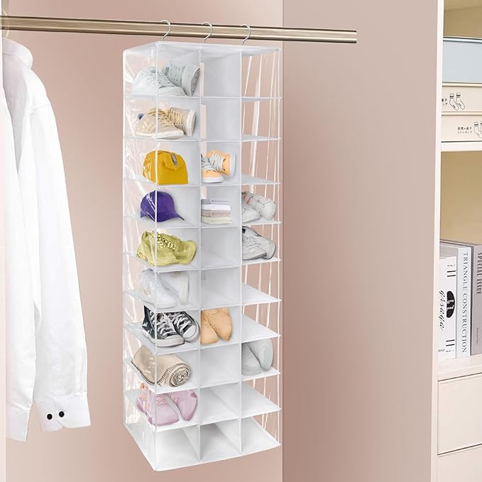 coastal rose Hanging Shoe Closet Organizer, 30 Sections Hanging Closet Organizers and Storage Shelves with 6 Mesh Pockets, Space Saving Shoe Rack Holder Hanger, White