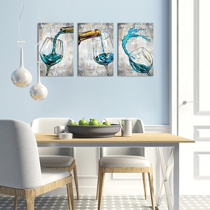 Conipit Teal Grey Wall Art Canvas For Kitchen Dining Room Wine Glass Pictures Artwork Still Life Paintings 16"x24"x3pcs Framed for Restaurant Ready to Hang
