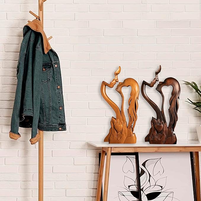 BGCOPPER Wooden Kissing Couple Ornament, Abstract Couple Portrait Sculpture Romantic Love Statue Decor Gift for Women Anniversary Valentine Wedding - 10 Inch
