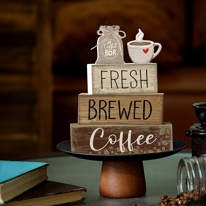 Yuntau 5 Pcs Wooden Coffee Bar Decor Cocoa Tiered Tray Decor Rustic Wood Bar Sign Gift Farmhouse Table Top Centerpiece Stacks Block Sign for Home Shelf Mantel Kitchen