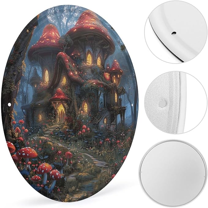 Wall Picture, with Mushrooms and Flowers Printed Circular Iron Hanging Picture,Wall Art Decor,Home for Bedroom Living Room Bathroom Decor,Iron Painting 11.8X11.8 in