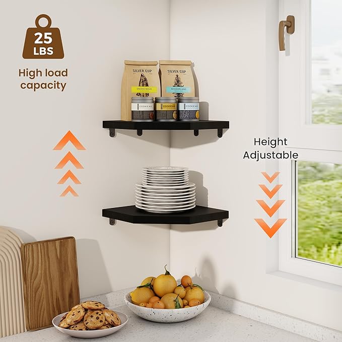 Fun Memories Corner Shelf Wall Mount Set of 2 - Solid Oak Wood Floating Corner Shelf with Cable Hole, 8.5in Rustic Design for Bedroom, Living Room, Kitchen (Black)