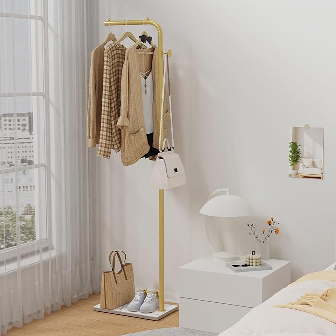 OUTBROS Coat Rack, Portable L-shaped Clothes Rack with Hook, Modern Hanger, Sturdy Freestanding Metal Clothing Rack, Used in Bedroom, Entrance and Living Room, 15.3 x 10.2 x 70.8 inch, Gold