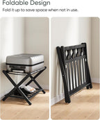 2 Packs Fully Assembled Black Bamboo Luggage Racks with Shoe Shelf, 5 Straps Folding Suitcase Stand, Heavy Duty Luggage Holders for Guest Room, Bedroom, Hotel