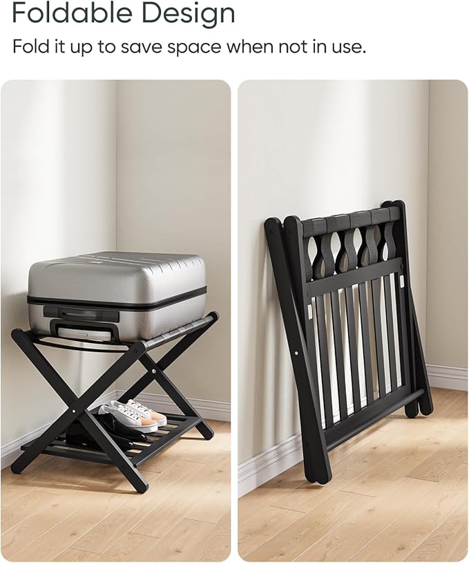 Fully Assembled Black Luggage Rack, Suitcase Stand with Shoe Shelf, Folding Wooden Luggage Stand for Guest Room, Bedroom, Hotel