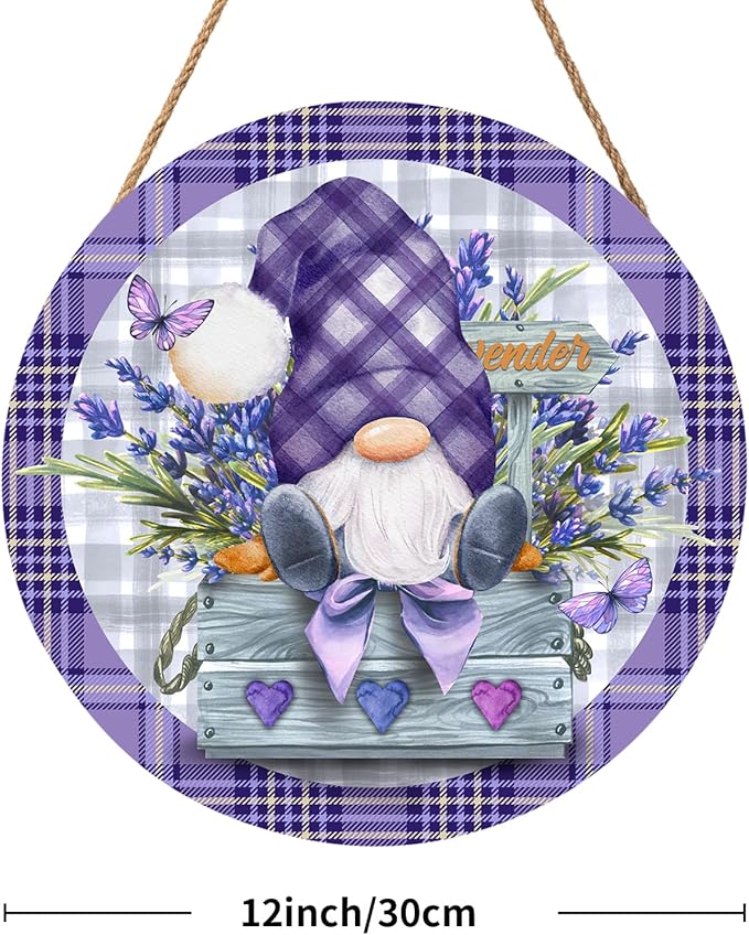 Spring Summer Gnome Lavender Flower Sign for Front Door 12"x12" Purple Floral Buffalo Plaid Wood Door Hanger for Outdoor Outside Porch Spring Summer Farmhouse Wooden Wreath for Wall Porch Yard
