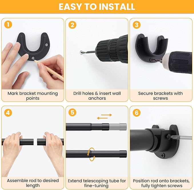 Closet Rods for Hanging Clothes, 17-28 Inch No-Cut Stepless Adjustable Closet Rod, 1.3 Inch Heavy Duty Metal Closet Hanging Rod with Brackets, Black Closet Bar for Closet, Laundry Room, RV, Wardrobes
