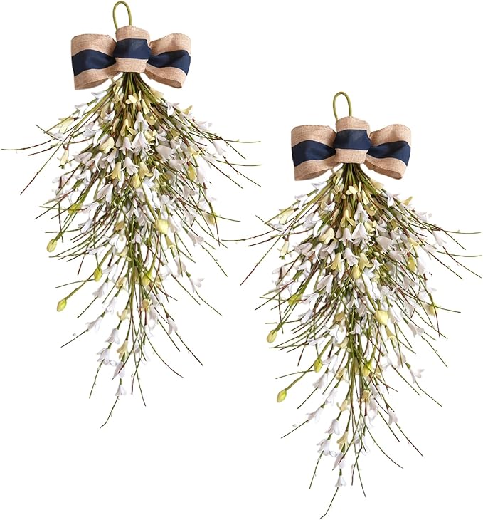 Forsythia Spring Teardrop Swag, 2Pcs Artificial Spring Summer Floral Hanging Swags with Bow for Door Wall Mantel Window Wedding Home Decor (White)