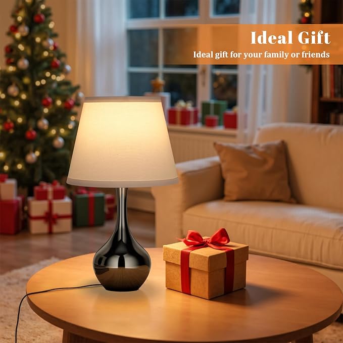 Seealle Touch Table Lamp for Bedroom, 3-Way Dimmable Small Bedside Lamps for Night Stands with Wires, Gloss Black Desk Lamp for Kids Room, Office, Living Room, End Table(LED Bulb Included)