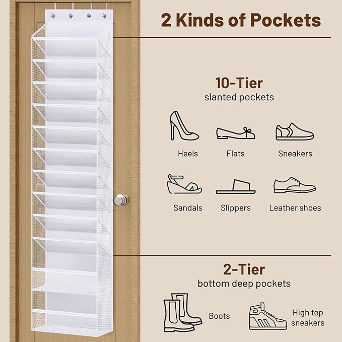 MISSLO 12 Tier Over the Door Shoe Organizer Large Capacity Hanging Shoe Rack for Closet Storage Narrow Sneaker Holder for Door Fit 24 Pairs Sandals, Heels, Boots (White)