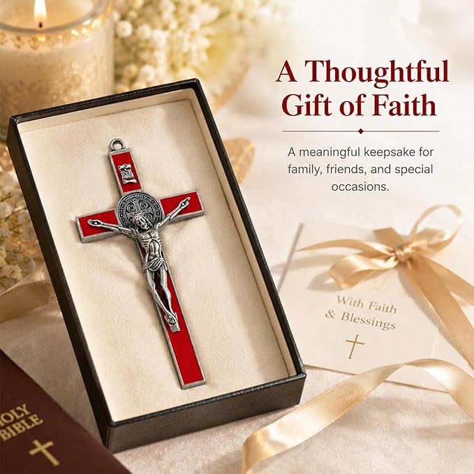 TALPGOD St Benedict Crucifix Silver Red 7.2 Inch,Crucifix Wall Cross for Catholic Decor,Jesus Christ Hanging Cross Wall Art Decor,Escapularios Catolicos,Saint Benedict Medal for Home Decoration