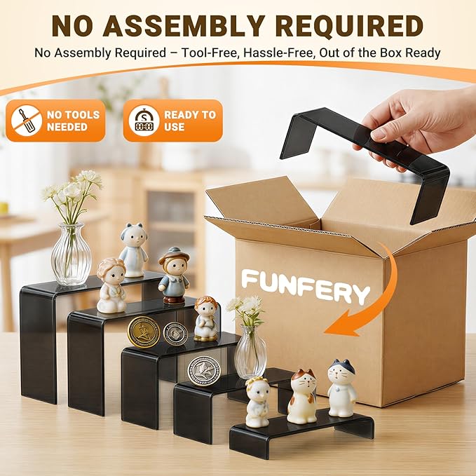 FUNFERY Acrylic Display Risers, 2 Set(7.8" L~8.2" L~8.6" L~9”L~9.3”L) Display Shelf for Figure, Collectibles, Cupcake, 5-Tier Clear Acrylic Stands for Dessert, Jewelry, Candy Showcase