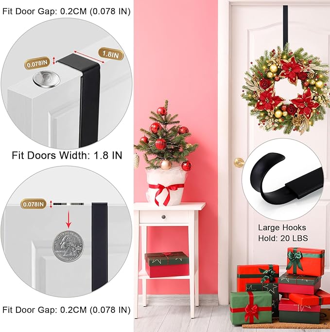 HEYHOUSE Wreath Hanger,Easter Decorations Adjustable Wreath Hanger for Front Door Decor from 14.9-25",Over The Door Hooks Organizer 20 lbs Larger Wreaths Hangers Christmas Wreaths Decorations Hook