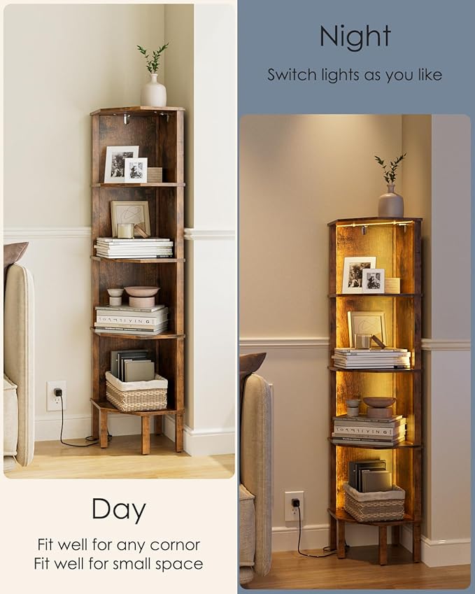 Corner Shelf Stand, 5 Tier Corner Bookshelf,Corner Furniture for Bedroom Display Corner Shelf for Small Space,Wood Shelves with Storage Rack for Living Room,Office, Rustic Brown
