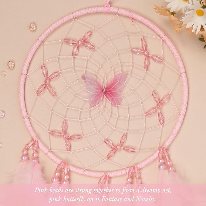 Pretty Jolly Dreamy Girls Butterfly Dream Catcher Wall Decor Fairy Pink Feather Baby Dreamcatcher Handmade Home Décor Wall Hanging for Nursery Bedroom Girls Birthday Gift