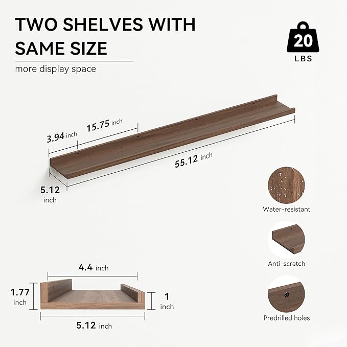 Boswillon 55.1 Inches Long Floating Shelves, 2 Set Rustic Wall Shelf for Bedroom, Nursery Book Shelf with Lip, Picture Ledge Shelf for Living Room, Bathroom, Kitchen - Walnut