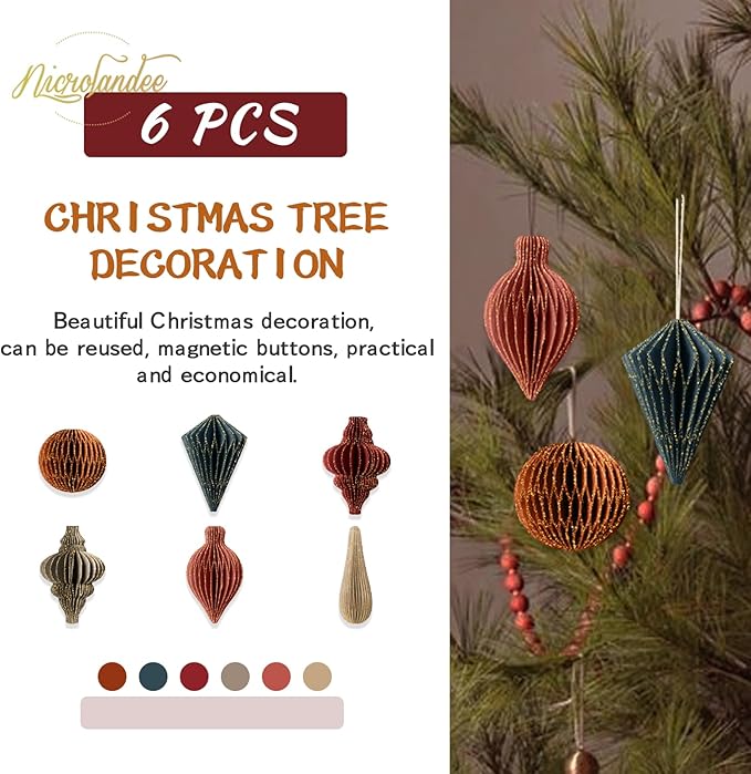 NICROLANDEE Christmas Decorations, 6 PCS Christmas Paper Honeycomb Ornaments with Glitter Edge, Mini Hanging Paper Lanterns for Christmas Tree Decoration Xmas Holiday Party New Year Decor