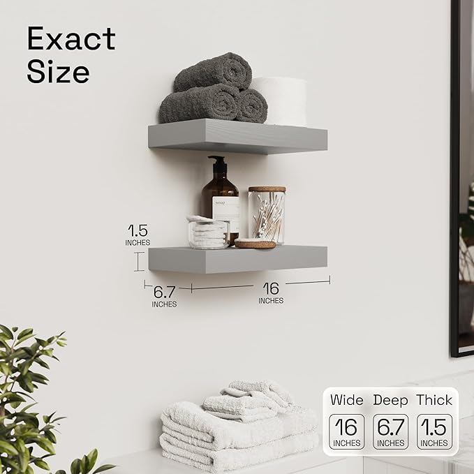 BAOBAB WORKSHOP Wood Floating Shelves for Wall - Rustic Shelf 16 inch - Grey Bathroom Shelves - Solid Wood Shelves for Wall for Bedroom Kitchen Living Room - Gray Shelves - 16 x 6.7 Inch, Set of 2