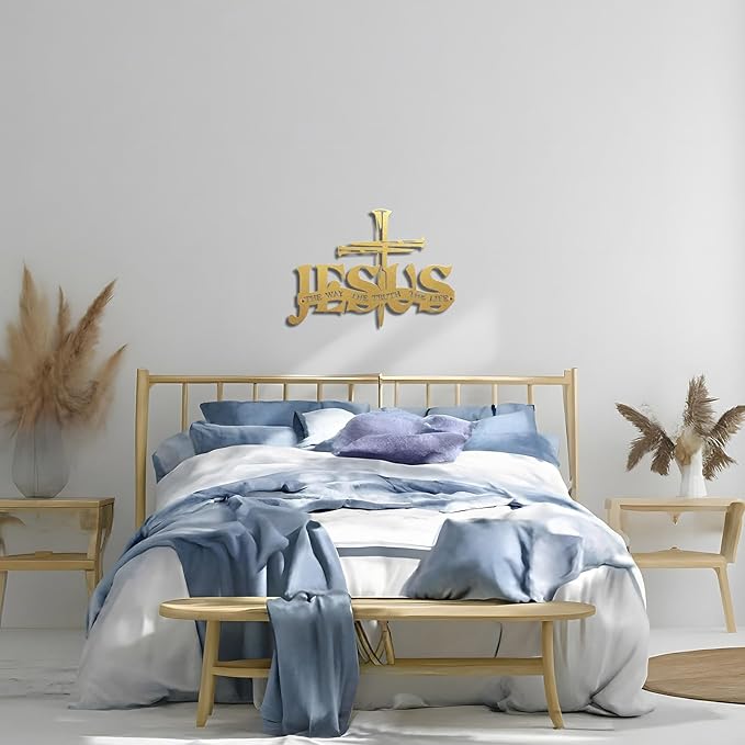 Jesus Cross Metal Wall Decor Christian Wall Art for Home Religious Cross Decoration Living Room Bedroom Prayer Room The Way The Truth The Life Christ Inspired Christian Gift for Family Friends(Gold)
