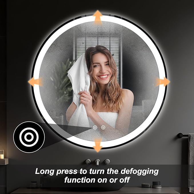 DUMOS 36 Inch Round LED Bathroom Mirror with Lights, Circle Vanity Mirror with Anti-Fog, Dimmable, 3-Color Light, Front Light and Backlit, Memory Function, Tempered Glass