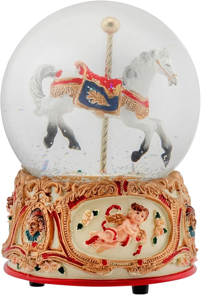 Elanze Designs Gilded Gold Tone Cupid and Carousel Horse 100MM Musical Water Globe Plays Tune Unchained Melody