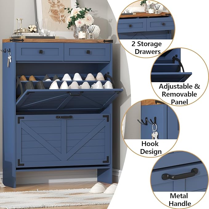 Shoe Cabinet with 2 Flip Drawers, Hidden Shoe Storage Cabinet with 2 Pull-Out Drawers, Farmhouse Shoe Organizer for Entryway, Narrow Shoe Rack for Front Door Entrance, Blue