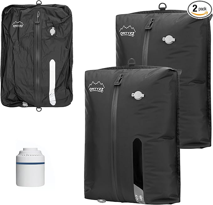 ONTYZZ Vacuum Bags for Travel, Reusable Vacuum Compression Bag, Recycled IPX8 Waterproof Space Saver Bag for Luggage/Camping/Home Storage (2 Pack with Air Pump-Black)