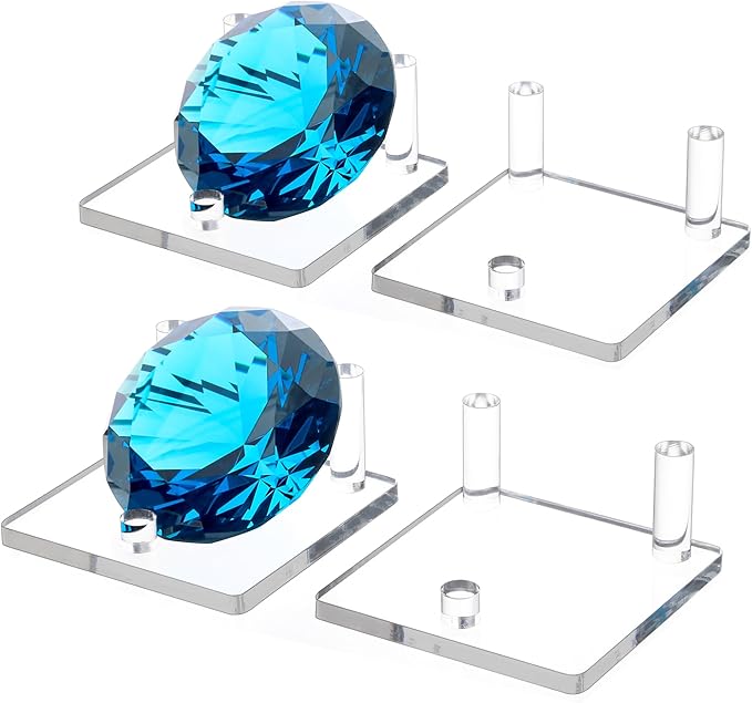 Jusalpha 4 PC Clear Acrylic Rock Display Stand - Three-Peg Display Easel Stands for Fossil Coral Geodes Rock Mineral Agate, Crystal Display Stand with Square Base (Small)