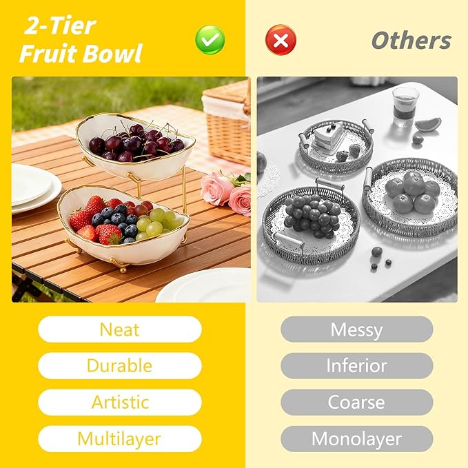 jessie 2 Tier Ceramic Fruit Bowl for Kitchen Counter with Metal Rack, Fruit Basket with Stand, Porcelain Bowls for Vegetable Bread Candy Snack Nuts Dessert Cake Tray (Gold 2 layer)
