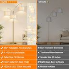 Dimmable Floor Lamp, 3 Light Brass Arc Floor Lamp, Modern Tall Standing Tree Lamp with White Linen Shades & Heavy Base, 3000LM LED Bulbs, Bright Lighting for Living Room, Bedroom, Office & Reading