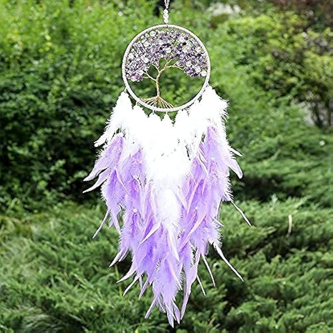 Pretty Jolly Fairy Purple Tree of Life Dream Catcher Wall Decor with Healing Crystal Stone Handmade Feather Dream Catchers Decoration Wall Hanging Ornaments for Bedroom Wedding Party Home Decor-25.6"