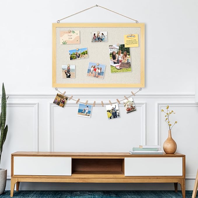 DOLLAR BOSS Bulletin Board with Linen 24'' x 18'' Wood Framed Cork Boards for Walls, Photo Display Pin Board, Decorative Corkboard for Office Home School Dorm Decor with 10 Pushpins, Natural Wood