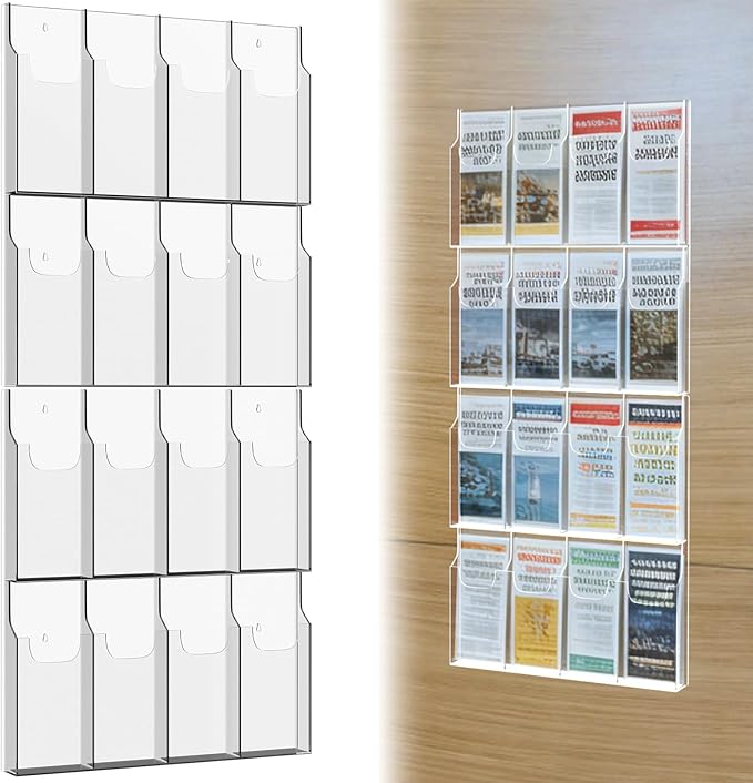 Acrylic Brochure Pamphlet Holder, 16 Pamphlet Holders, Clear Brochure Display Holder Wall Mount, Trifold Flyer Rack, Literature Storage Rack for Home, Offices, Waiting Room