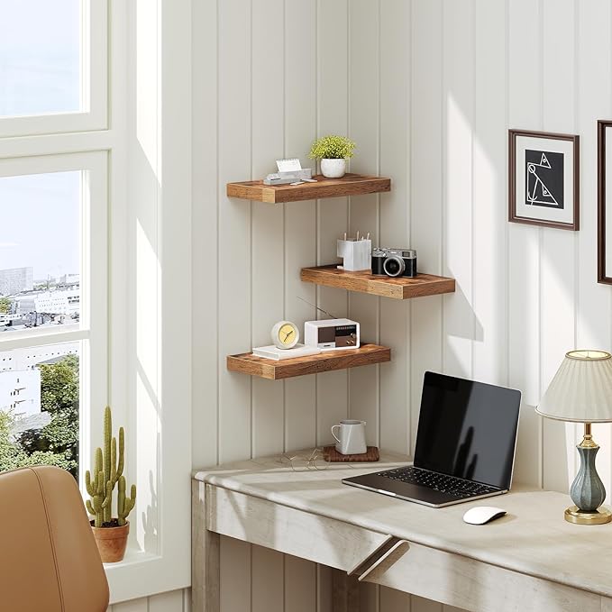 RALGEND Floating Shelves for Wall, 1.5" Thick Wall Shelf Set of 3 with Invisible Brackets, 15.7L x 7.9W Hanging Shelves Farmhouse Home Decor for Bathroom, Living Room, Bedroom, Rustic Brown 4301BJP3BF