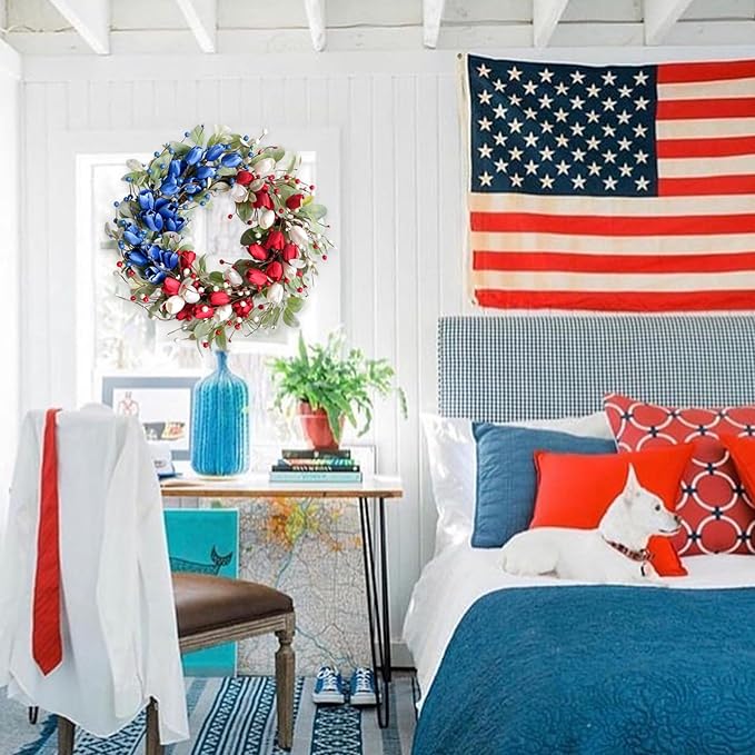22" Tulip Flower Patriotic Wreaths Red White Blue Decor Memorial Day Independence Day 4th of July Flag Day Wreaths