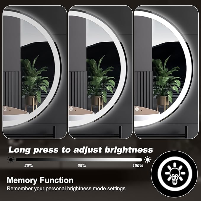 DUMOS 36 Inch Round LED Bathroom Mirror with Lights, Circle Vanity Mirror with Anti-Fog, Dimmable, 3-Color Light, Front Light and Backlit, Memory Function, Tempered Glass
